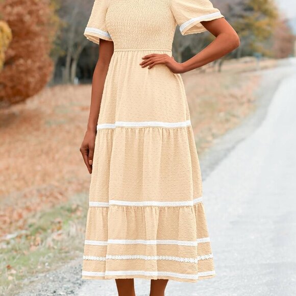 Women's Casual Summer Maxi Dress Short Sleeve Swiss Dot V Neck Smocked Long Flow - Picture 3 of 8